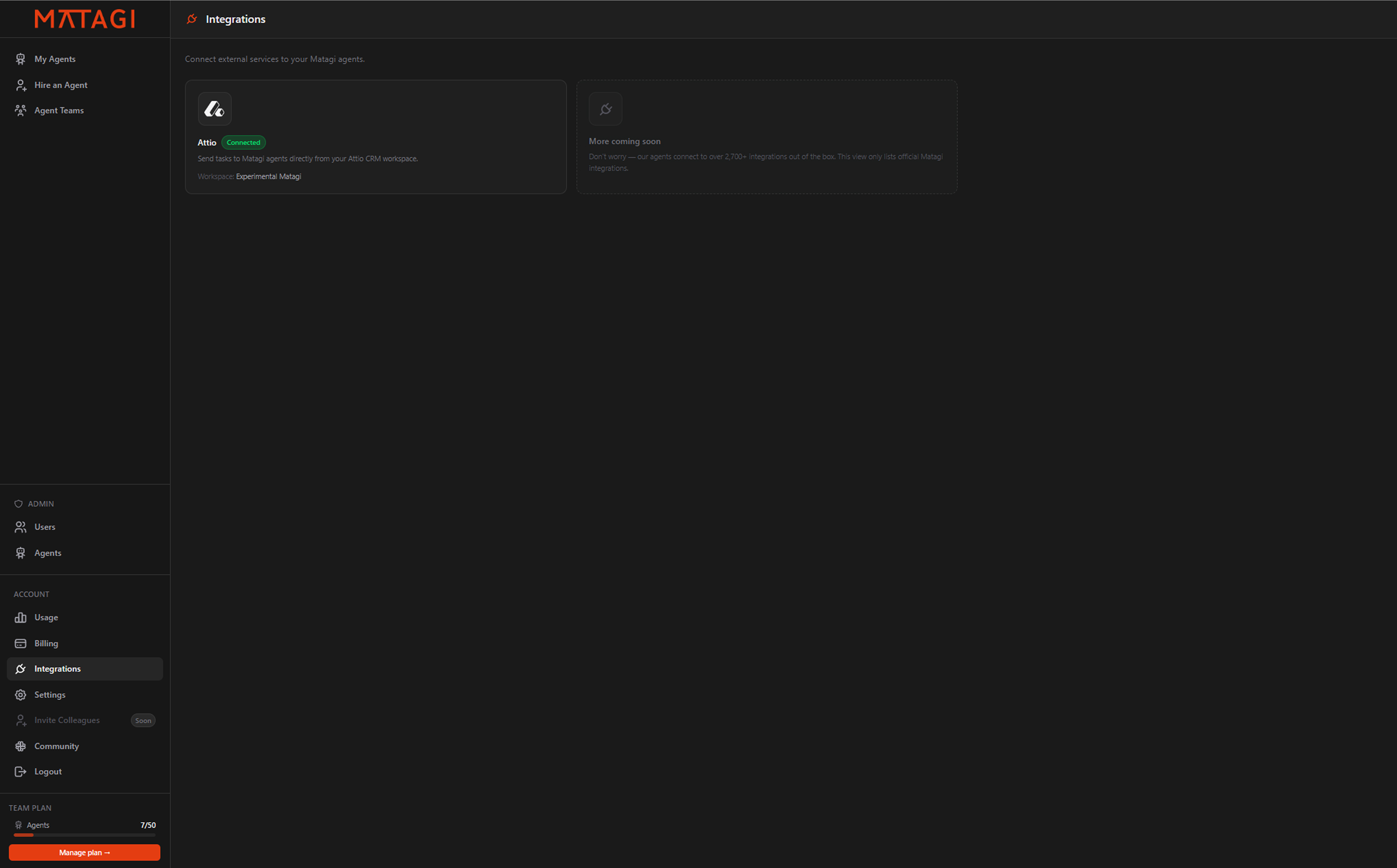 Matagi integrations page showing Attio connection
