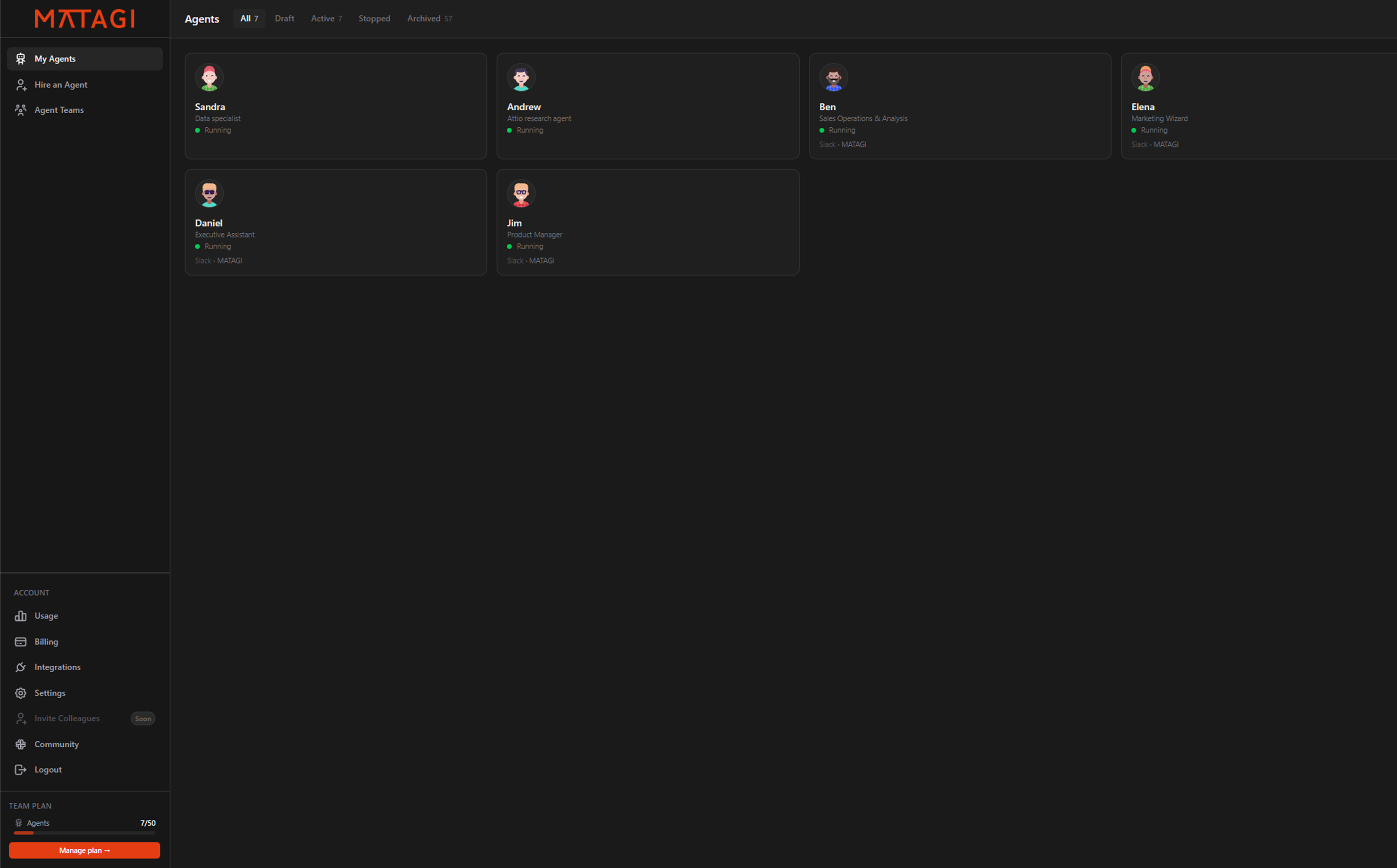 Matagi agent creation view