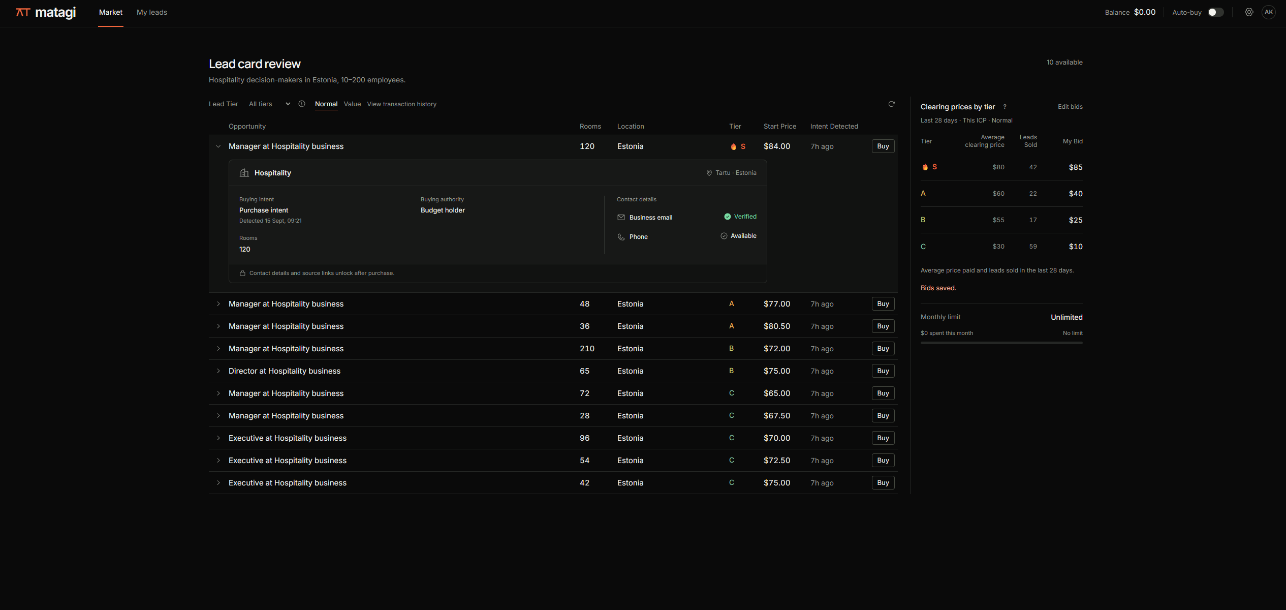 Matagi lead marketplace showing matching leads, intent detection times, prices and bidding controls.
